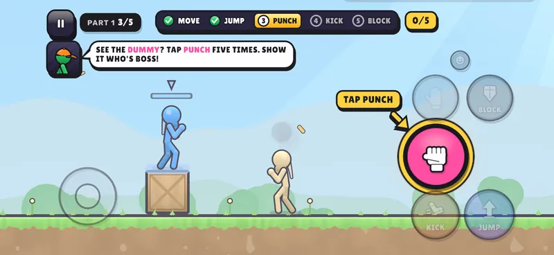 Training: the coach asks for five punches on the dummy and the punch button lights up with an arrow.